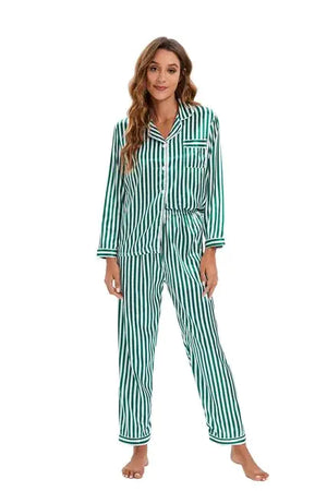 Two Piece Set Pajamas for Women Striped Satin Silk Sleepwear Rieworkes