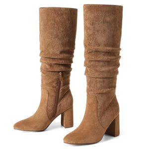Eteridrey Knee High Boots Womens Chunky Heels Side Zipper Slouchy Boots Comfortable Faux Suede Riding Mid Calf Boots Brown Boots Winter Warm Boots Mimarta
