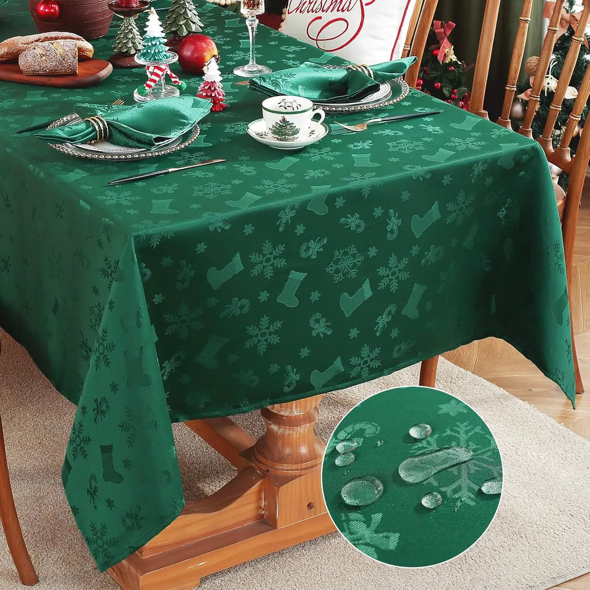 Honellaty Christmas Rectangular Tablecloth Spillproof Wrinkle Resistant Jacquard Table Cloth with Christmas Holiday-Themed Patterns for Dining Room & Holiday Decoration (Green60" x 84" (6-8 Seats)) Rieworkes