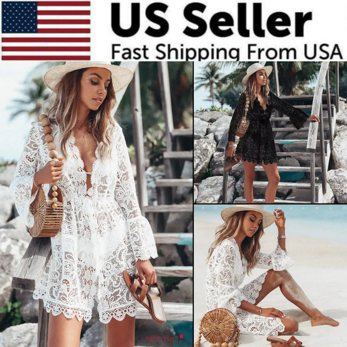 Lace Bathing Suit Cover Up Boho Beach Women Maxi Bikini Sundress Dress Summer US Rieworkes