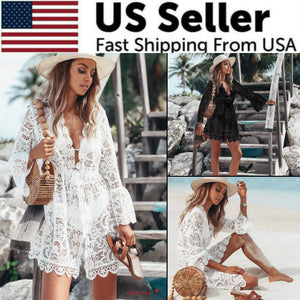Lace Bathing Suit Cover Up Boho Beach Women Maxi Bikini Sundress Dress Summer US Rieworkes