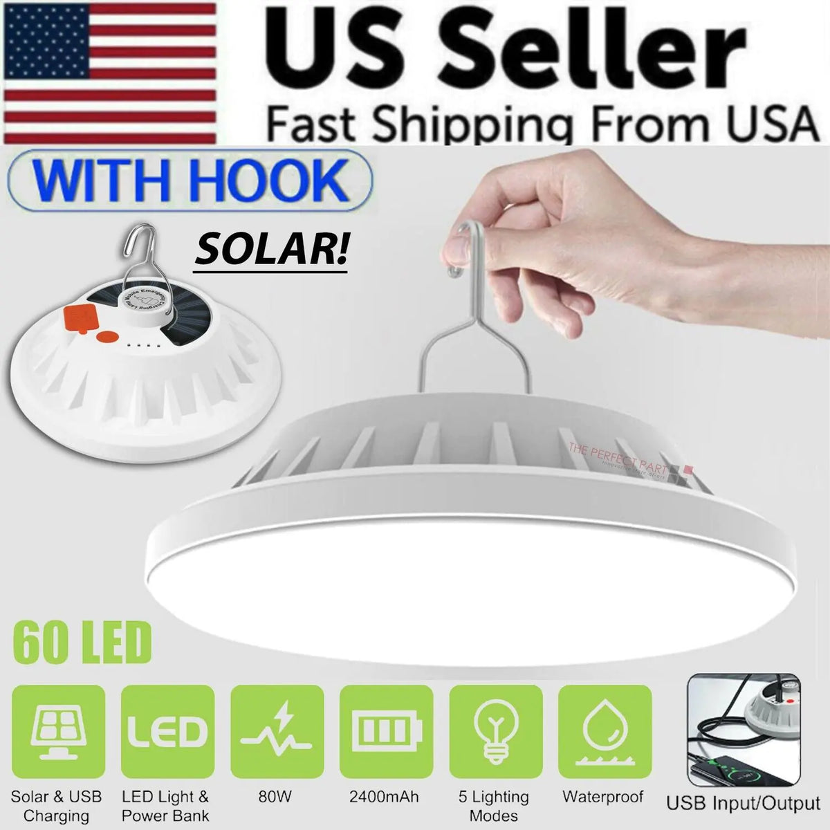 Rechargeable 60 LED Outdoor Camping Tent Light USB &amp; Solar Lantern Hiking Lamp Rieworkes