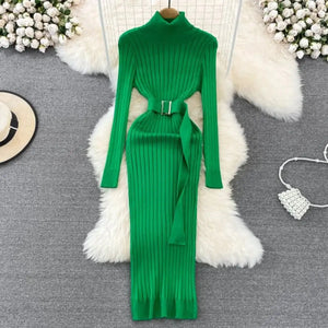 Turtleneck Sexy Wrap Hips Knitted Dresses Rieworkes