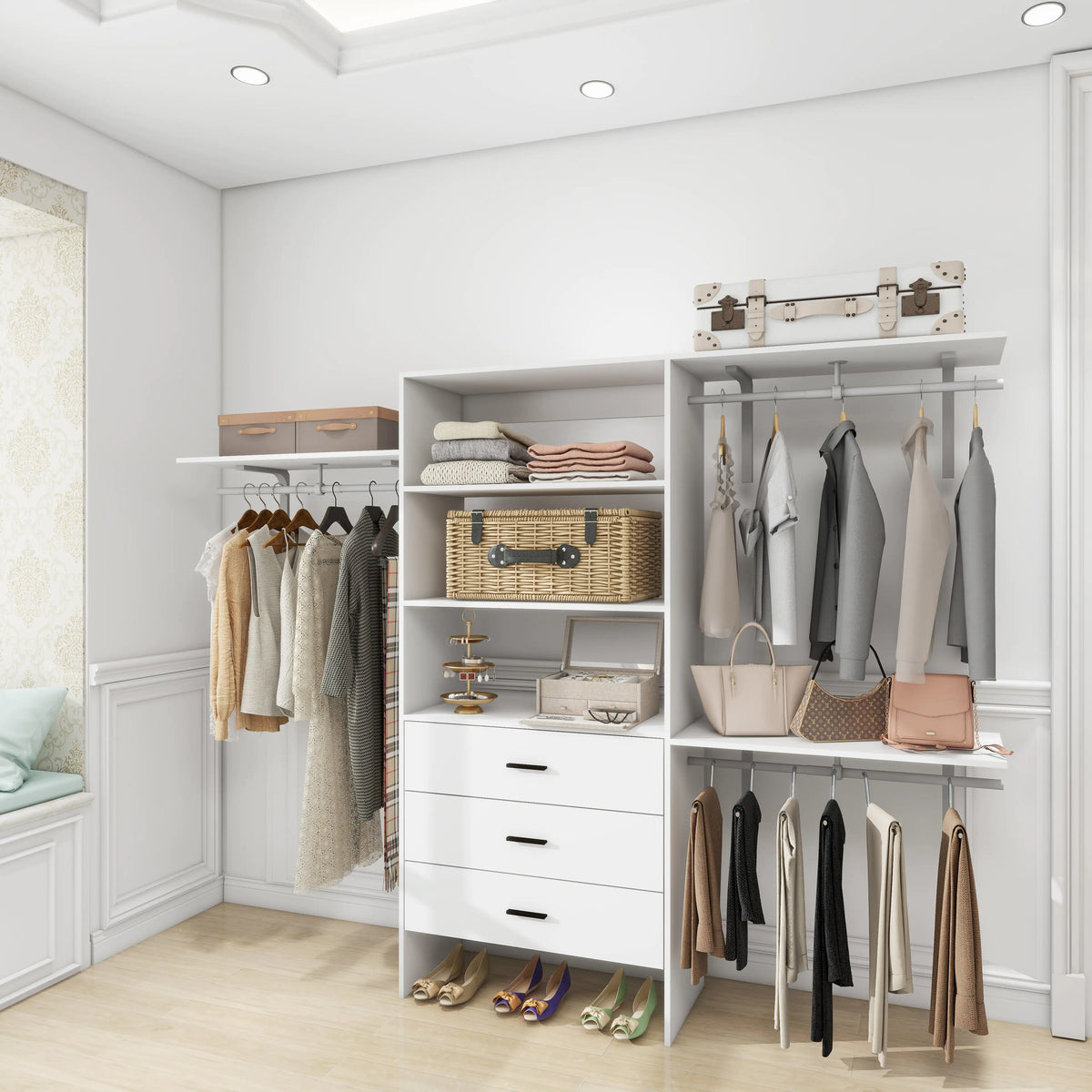 306 Closet Organizer System with Closet Shelves Wall Mounted, White Clothing Racks for Hanging Clothes, Clothes Organizer with Closet Drawers, Wooden Wardrobe Closet System with Hanging Rod Rieworkes