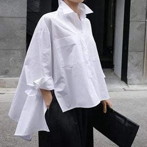 Women's White Loose Fit Irregular Long Sleeve Shirt Mimarta