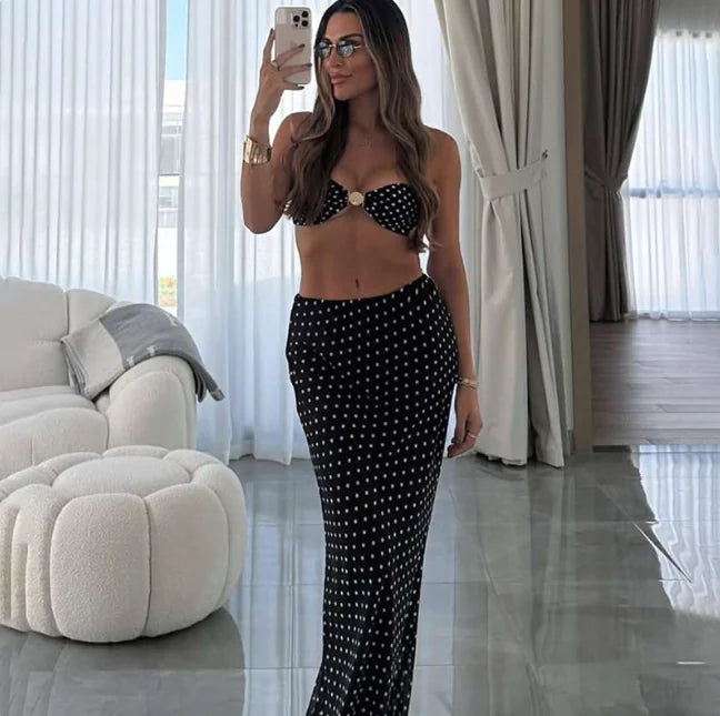 Women's Black Sheath Mesh Dots Two-piece Set (Top and Skirt) Mimarta