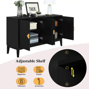 4-door Sideboard Storage Cabinet For Living And Dining Room, Two Large Cabinets With Gold Handle And Adjustable Shelves, Black Rieworkes