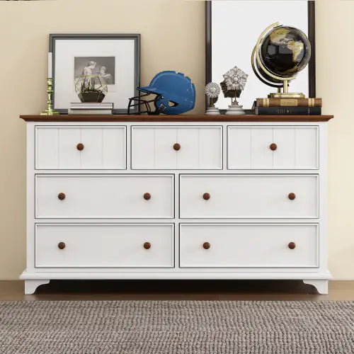 Wooden Captain Seven-Drawer Dresser For Bedroom, Living Room, Kids' Room, White Walnut Rieworkes