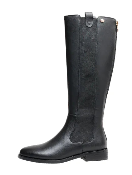 Cowhide Low-heeled Knight Boots Women Thick Legs Double Elastic Rieworkes