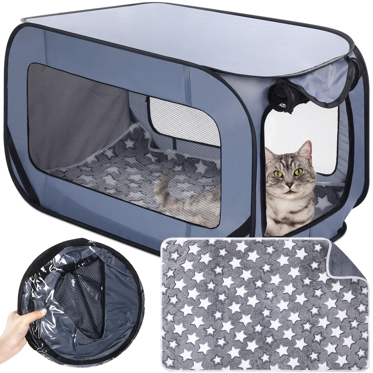 Briwooody 37 Inch Portable Cat Dog Crate with Mat Liner Pop up Dog Kennel Pet Tent Car Seat Travel Kennel Bed for Indoor Outdoor Waterproof Pet Crate Cage for Large Cat Medium Puppy Camping(Gray) Mimarta