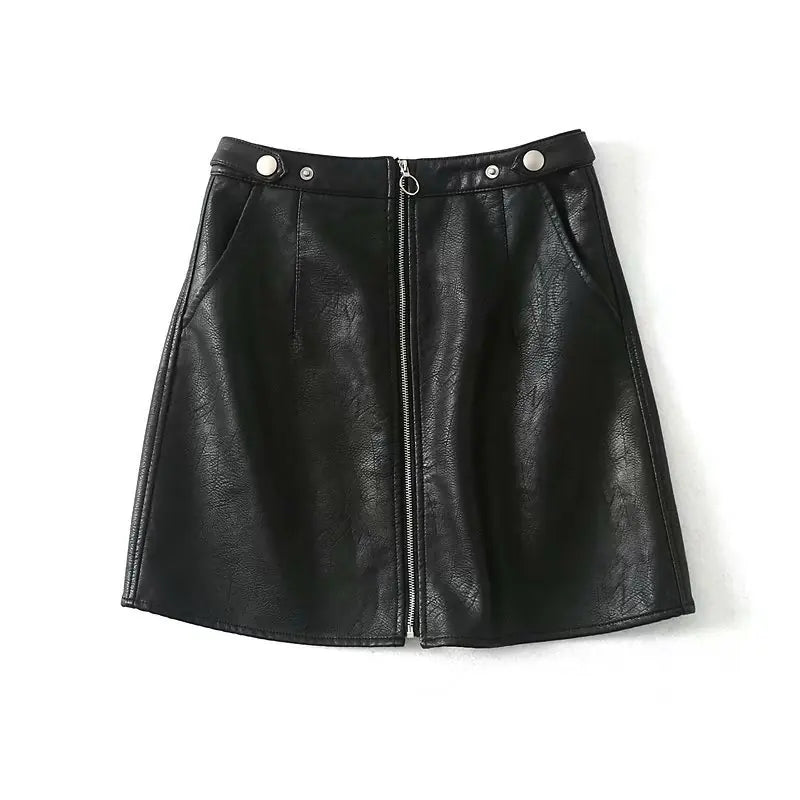 High Waist Slim Zipper A-Line PU Leather Mini Skirt Rieworkes