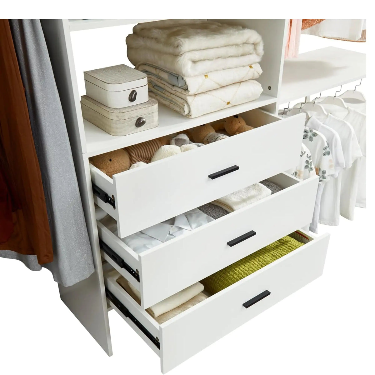 306 Closet Organizer System with Closet Shelves Wall Mounted, White Clothing Racks for Hanging Clothes, Clothes Organizer with Closet Drawers, Wooden Wardrobe Closet System with Hanging Rod Rieworkes