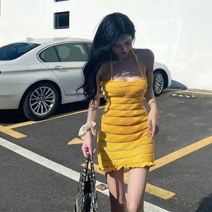 Sexy Yellow Striped Halter Neck Dress for Casual Outings Mimarta