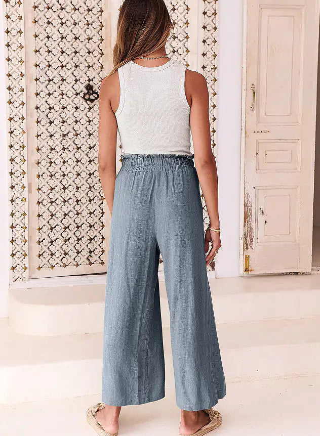 Elastic Waistband Lace-up Wide Leg Pants Solid Color Cropped Pants Rieworkes