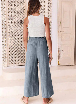 Elastic Waistband Lace-up Wide Leg Pants Solid Color Cropped Pants Rieworkes