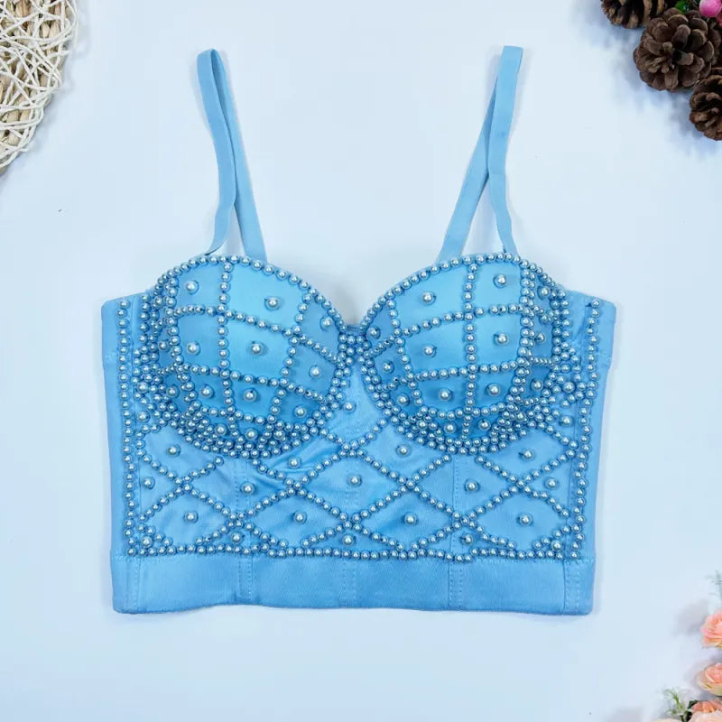 Women's Fashionable Elegant Pearl Spaghetti-strap Camisole Top With Chest Pad Rieworkes