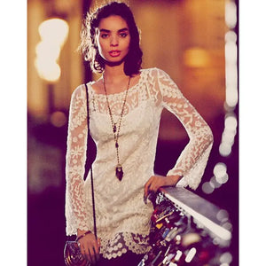2021 hot sale flower pattern long sleeve loose hook beach dress women's hollow out sexy lace dress elegant sexy lace beach dress Rieworkes