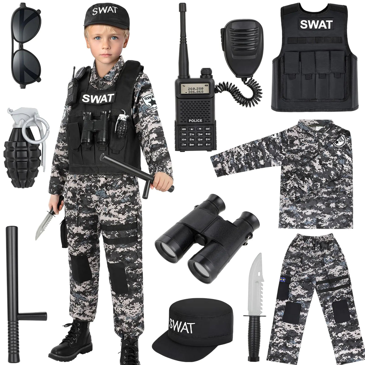Luucio Swat Police Officer Costume for Kids Police Costume for Kids with SWAT Costume SWAT Vest Halloween Costume for Boys Role Play Kit for Boys Girls Mimarta