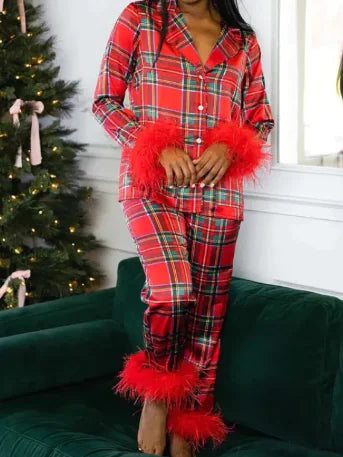 Christmas Satin Printed Long Sleeve Pants Pajamas Suit Rieworkes