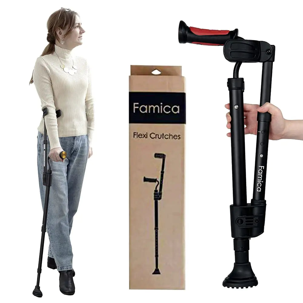 Famica Crutch for Adult (x1 Unit Open Cuff) - Adjustable Ergonomic Handles Cuff Height Foldable Lightweight and Non-slip Forearm Crutches Mimarta