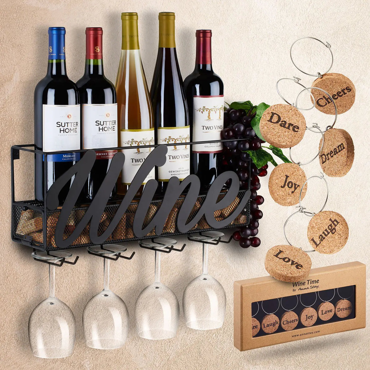 Vintage Iron Wall-Mounted Wine Rack and Glass Holder Rieworkes