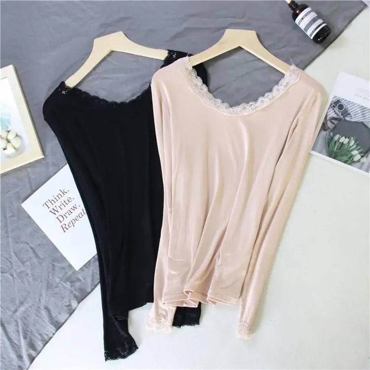 Women Lace V-neck Long-sleeved Thermal  Slim Warm Top Rieworkes