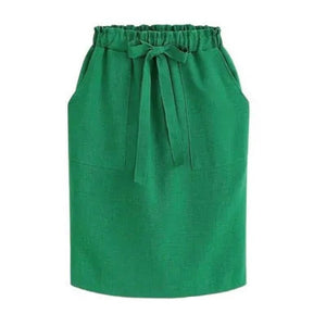 Women's Cotton Elastic Waist Bow Skirt - Summer/Autumn Midi Office Pencil Style (Green) Rieworkes