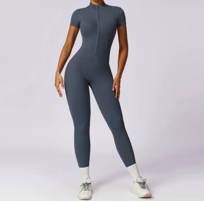 Zippered Short Sleeve Yoga Jumpsuit Mimarta