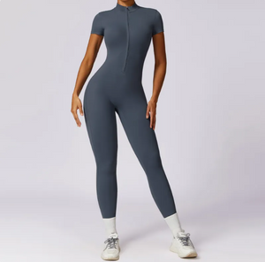Zippered Short Sleeve Yoga Jumpsuit Mimarta