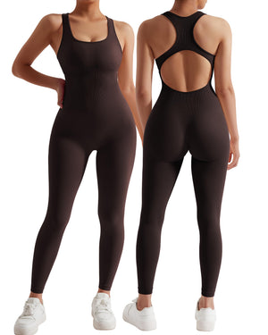 MOSHENGQI Women Racerback One Piece Jumpsuits Sleeveless Backless Bodycon Tummy Control Workout Romper(L05-Dark Brown) Mimarta