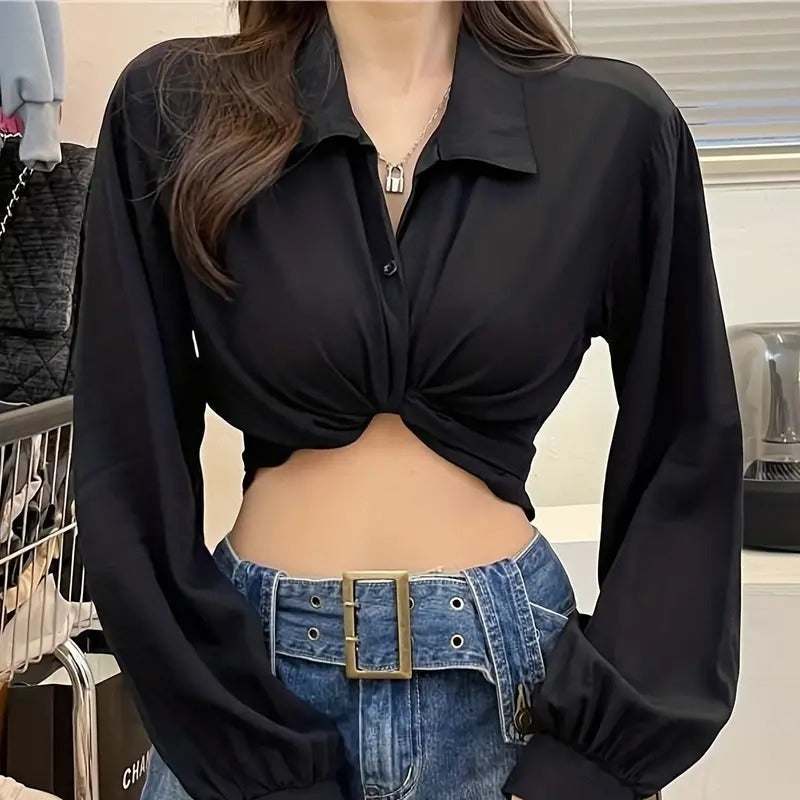 Elegant Puffy Long Sleeve Cropped Blouse for Women Mimarta