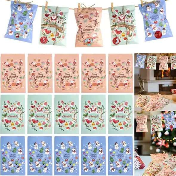 24Pcs Christmas Advent Calendar Bags Kit Envelope Shape Gift Bags With 1 To 24 Countdown Number Stickers Santa Claus Snowman Pattern Goodie Candy Treat Bag With Clips And Rope For Xmas Tree Decoration Mimarta