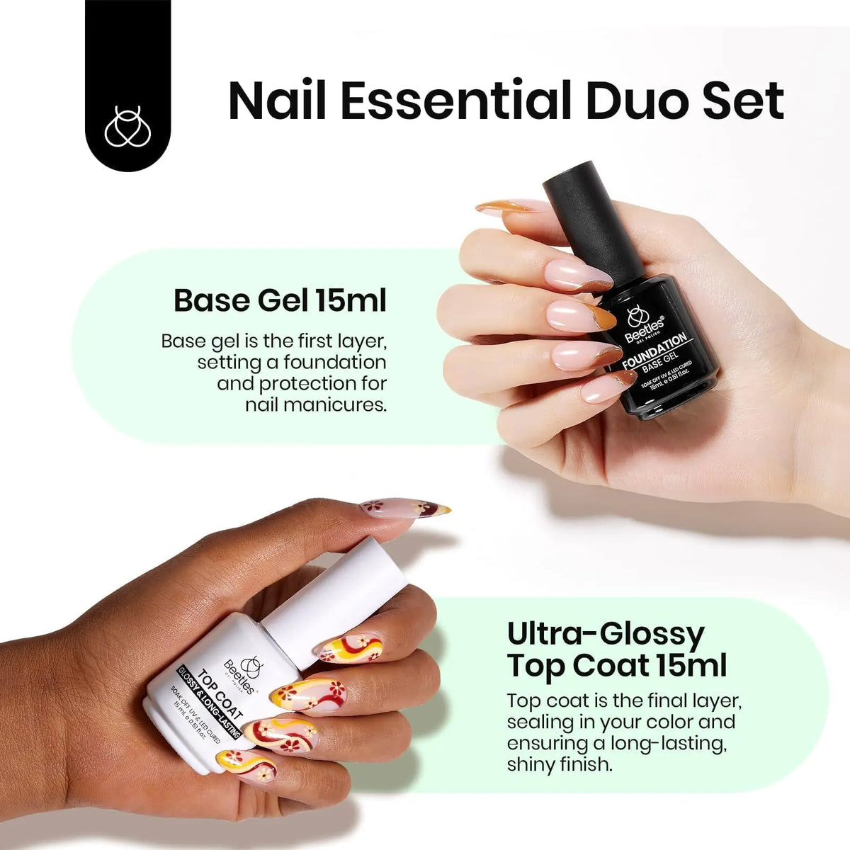 Beetles Gel Base and Top Coat,2 Pcs 15ml Upgrade Super Shiny Gel Top Coat and Base Coat Set,Glossy and Long-Lasting Gel Polish,Soak Off Nail Lamp Foundation Combination Gel Polish Base and Top Coat Rieworkes