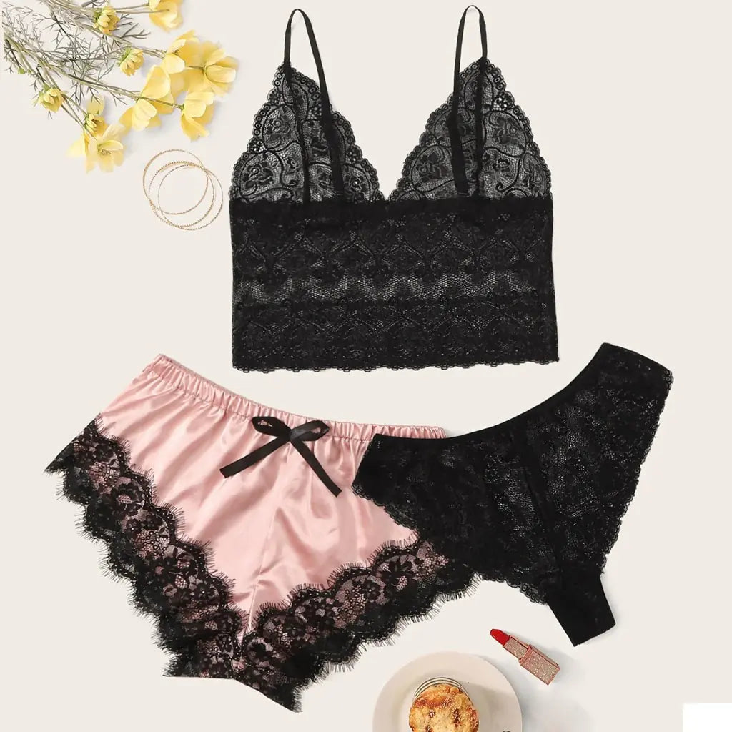 Women's 3-Piece Lace Pajama Set with Shorts and Top Mimarta