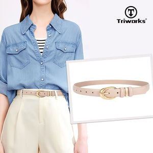 Women Leather Belt for Jeans Pants Fashion Ladies Skinny Faux Leather Dress belt with Gold Buckle Fit Wasit Size 27"-31" Beige Rieworkes