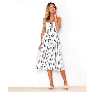 BeAvant Casual striped linen cotton dress women Button strap beach summer dress 2019 Sexy backless midi ladies dresses vestidos Rieworkes