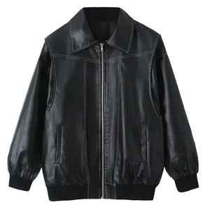 Loose Fashion Lapel Zip-up Jacket Cool Long Sleeve Zipper Closure Moto Biker Leather Jacket Women's Clothing Rieworkes
