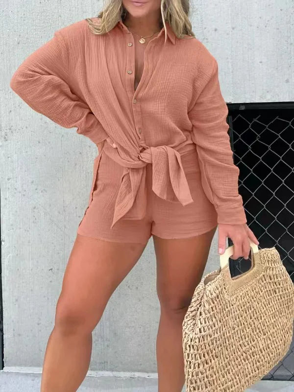Double-Layer Crepe Long Shirt and Shorts Set Rieworkes