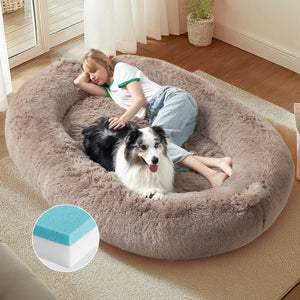 Bedsure Memory Foam Human Dog Bed 72"x48"x12" Calming Giant Human Dog Bed for Adults People Fits Pet Families with Storage Pocket Fluffy Faux Fur Orthopedic Dog Bean Bed Camel Mimarta