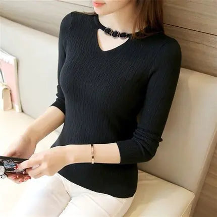 2020 Fall/Winter V-Neck Fitted Long Sleeve Sweater Mimarta