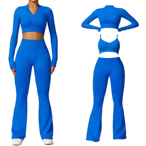 YILKOO Womens 3 Piece Workout Sets Seamless High Waist Flare Leggings Sports Bra and Zip Jacket (BlueSmall) Mimarta