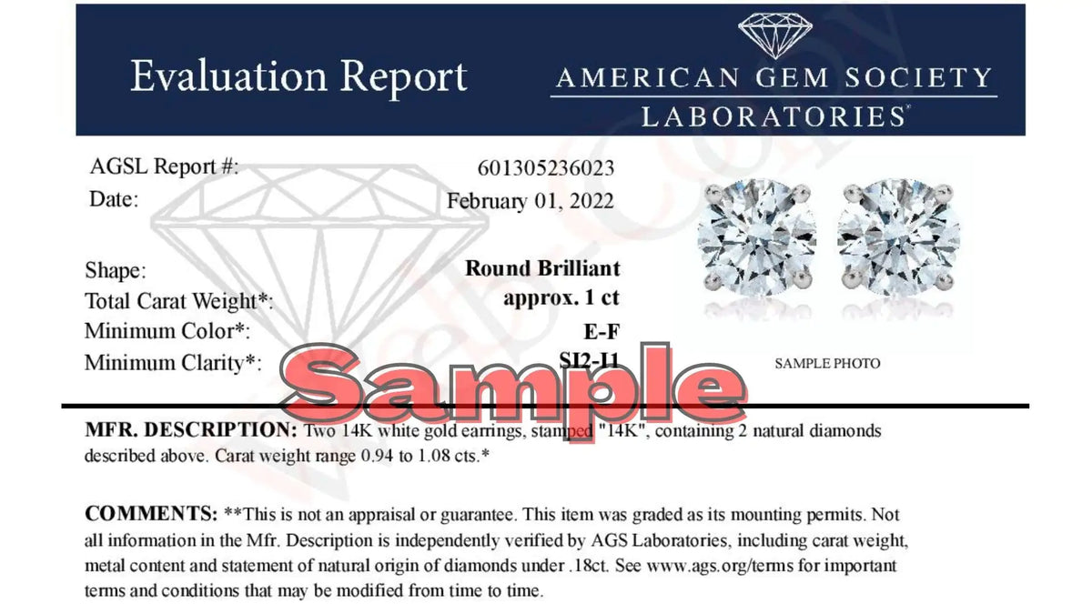 AGS Certified 14K White Gold 1.0 Cttw 4-Prong Set Brilliant Round-Cut Solitaire Diamond Push Back Stud Earrings (E-F Color, SI2-I1 Clarity) Rieworkes
