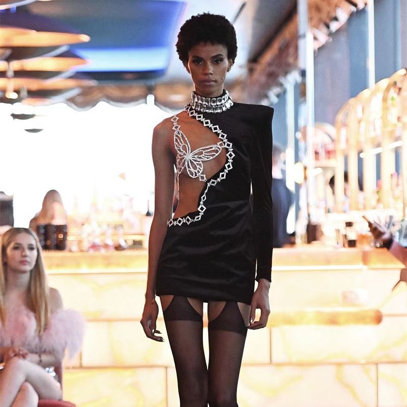 Rhinestone Butterfly Sexy Short Sleeve Luxury Dress Mimarta