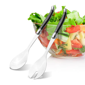 Salad Servers Set - 10" Spoon and Fork Utensils for Serving Salad Stainless Steel - Set of 2 Salad Spoon and Salad Fork Kitchen Salad Tongs (Black) Rieworkes