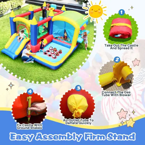 7-in-1 Inflatable Bounce House, Bouncy House With Ball Pit For Kids Indoor And Outdoor Party Family Fun, Obstacles, Toddler Jump Bounce Castle With Ball Pit For Birthday Party Gifts Rieworkes