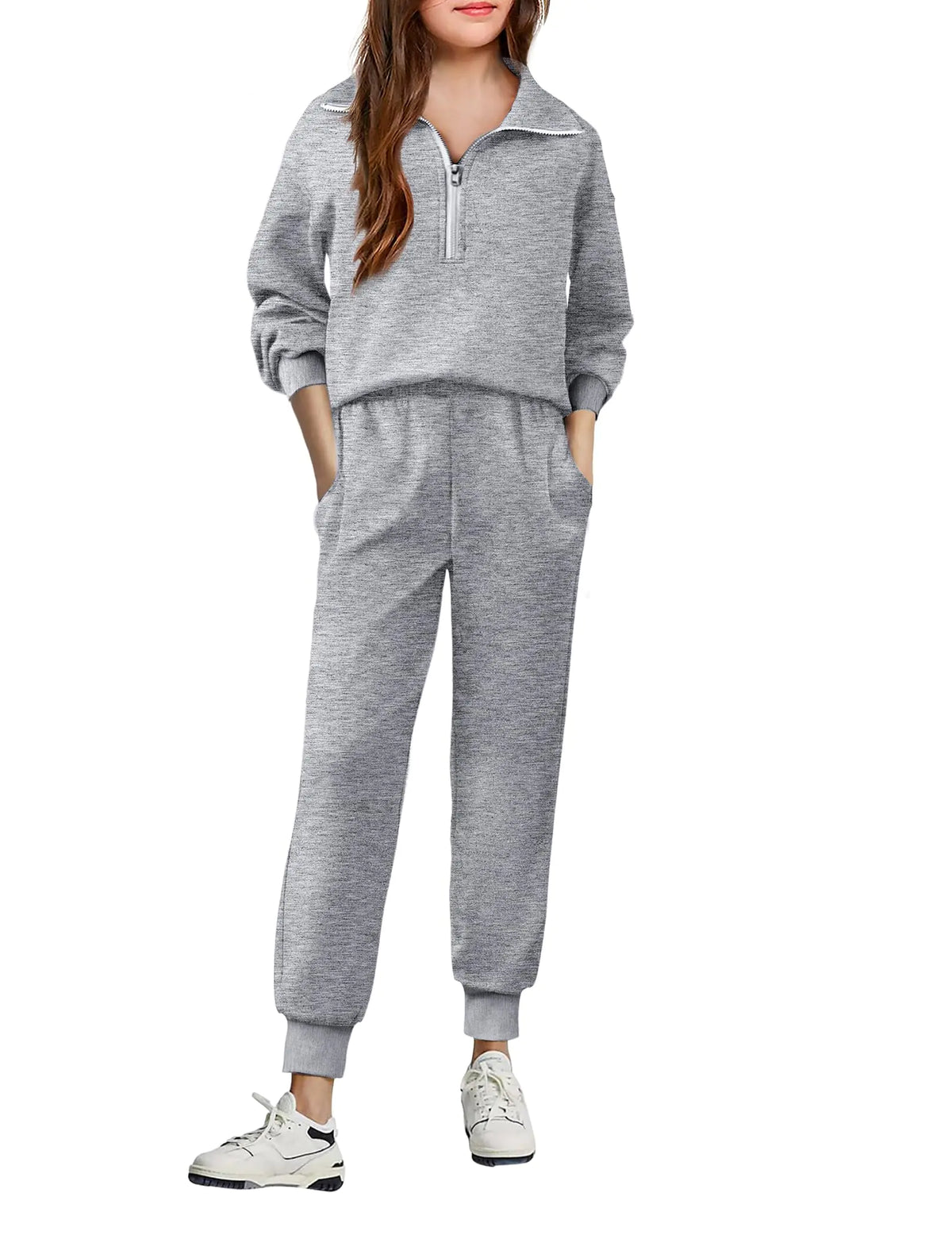 Arshiner Girls 2 Piece Sweatsuits Set Long Sleeve Half Zip Pullover Sweatshirt and Sweatpants Fall Tracksuit Light Grey 11-12Y Mimarta