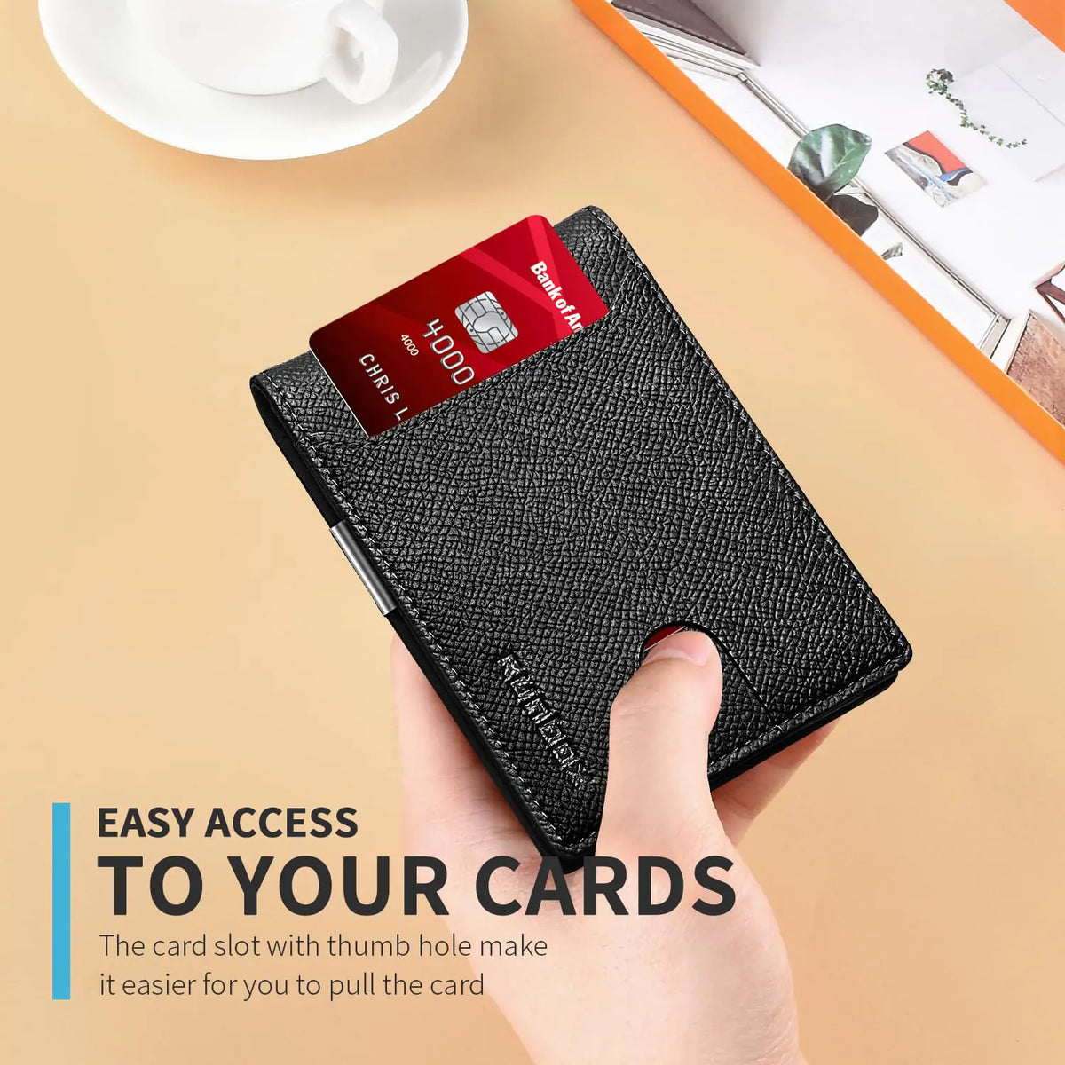 RUNBOX Slim Wallets for Men - Leather Money Clip Mens Wallet - RFID Blocking Front Pocket Bifold Wallet - Thin Credit Card Holder with Gift Box palm grain black Rieworkes