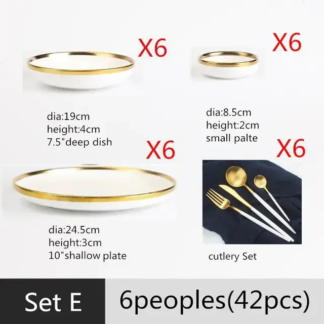 High-quality Matte Gilt Rim White Porcelain Dinner Tray Kitchen Plates Ceramic Tableware Food Dishes Rice Salad Noodles Bowl Rieworkes