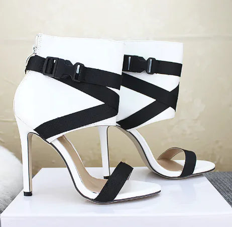 Open Toe Woven Buckle Stiletto Heels Rieworkes