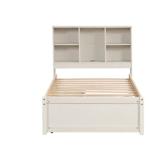 Modern Twin Size Bed Frame With Built-in USB Port On Bookcase Headboard And 2 Drawers For White Washed Color Rieworkes